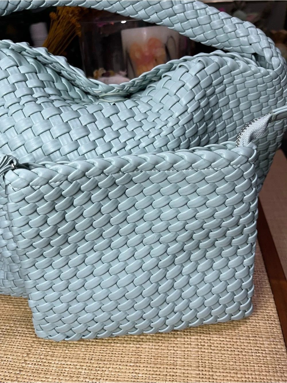 New! Rachel Zoe Woven Hobo Bag with Matching Pouch - Mint Green